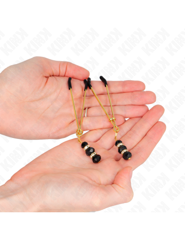 KINK - GOLD THIN NIPPLE CLAMPS WITH 3 BLACK GLASS BEADS 7 CM