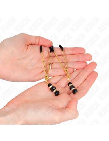 KINK - GOLD THIN NIPPLE CLAMPS WITH 3 BLACK GLASS BEADS 7 CM