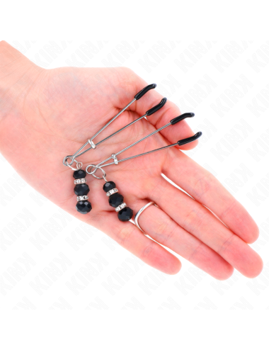 KINK - GOLD THIN NIPPLE CLAMPS WITH 3 BLACK GLASS BEADS 7 CM