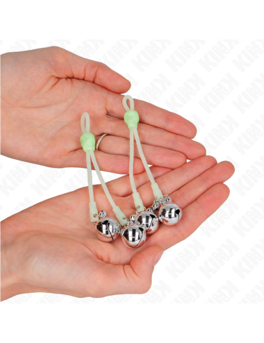 KINK - LUMINOUS SKULL NIPPLE CLAMPS WITH RING BELLS ADJUSTABLE GREEN / SILVER