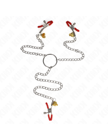 KINK - BELL TRIPLE NIPPLE AND CLIT CLAMPS RED WITH CHAIN 30 CM