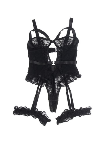 SUBBLIME - TEDDY WITH GARTER WITH LACE DETAIL AND STRIPS BLACK S/M
