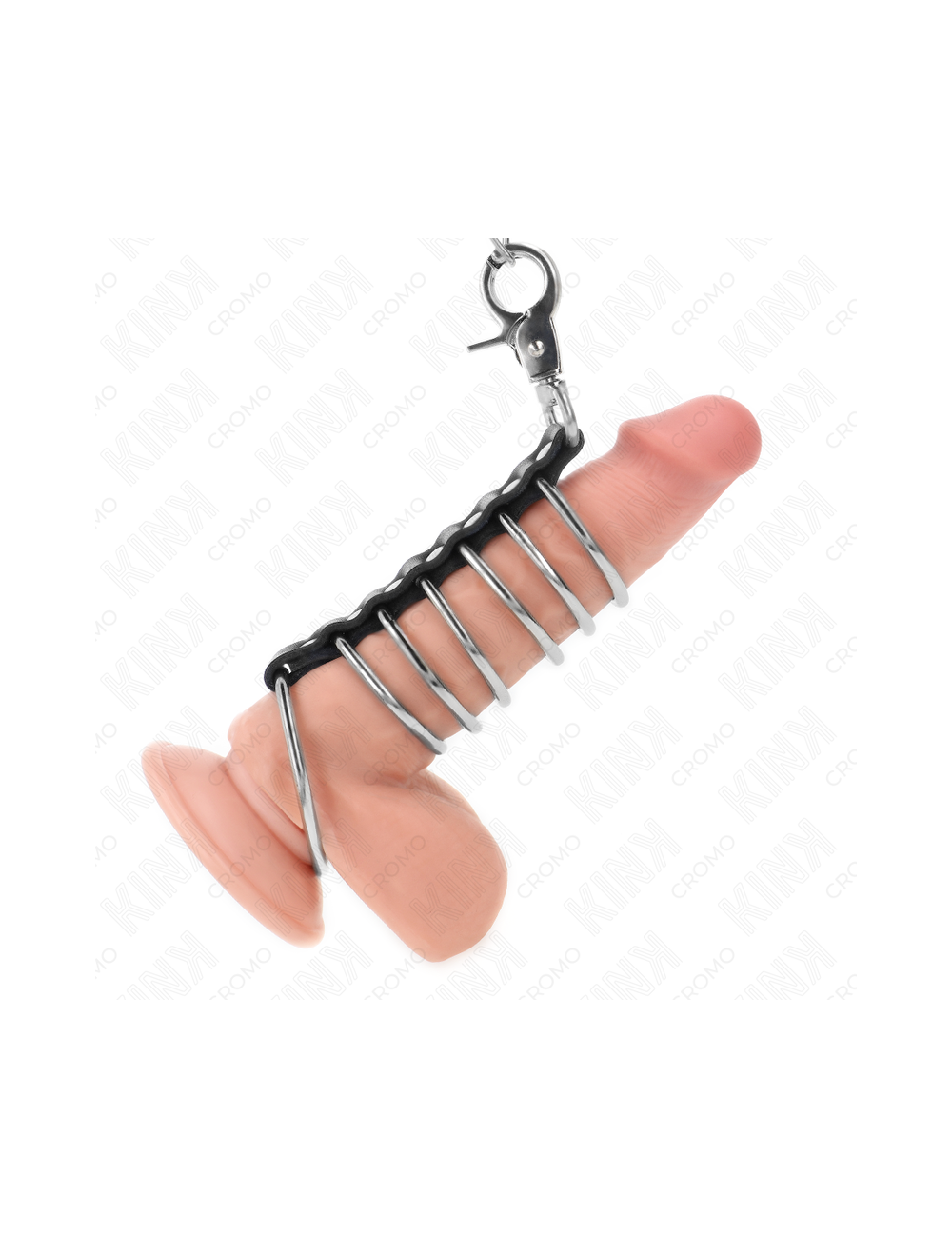 KINK - 7 METAL PENIS RINGS 3.8 CM TO 5 CM CONNECTED WITH LEATHER AND METAL CHAIN 100 CM