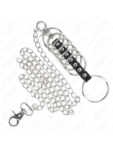 KINK - 7 METAL PENIS RINGS 3.8 CM TO 5 CM CONNECTED WITH LEATHER AND METAL CHAIN 100 CM