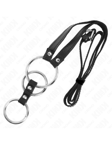 KINK - TRIPLE METAL PENIS RING 3.8 CM TO 5 CM WITH LEATHER BELT 112 CM