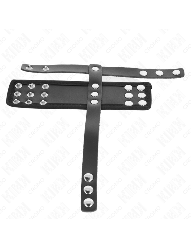 KINK - LEATHER PENIS CAGE RING WITH ADJUSTABLE COATED BALL DIVIDER STRAP