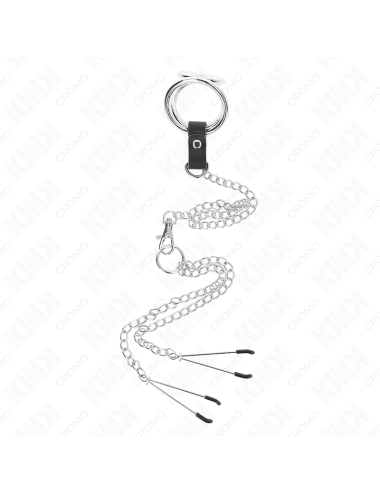 KINK - TRIPLE CHROME METAL PENIS RING 3 CM TO 4.5 CM WITH 26 CM METAL CHAIN AND NIPPLE CLIPS