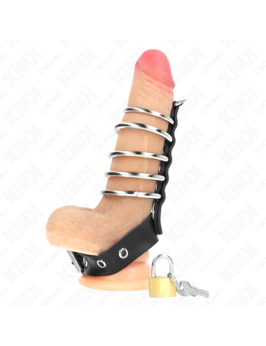 KINK - LEATHER PENIS RING WITH LOCK STRAP 21 X 2 CM AND 5 METAL RINGS FROM 3 CM TO 4 CM