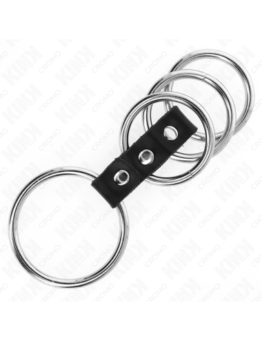 KINK - 4 METAL PENIS RINGS 3.7 CM TO 5 CM CONNECTED BY LEATHER