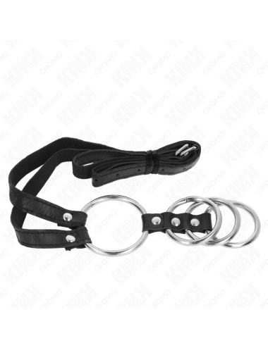 KINK - 4 CONNECTED METAL PENIS RINGS 3.8 CM TO 5 CM WITH LEATHER BELT 112 CM