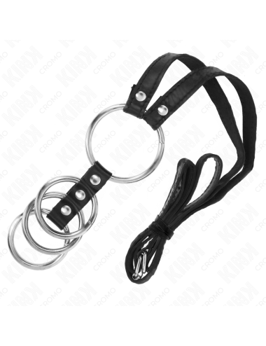 KINK - 4 CONNECTED METAL PENIS RINGS 3.8 CM TO 5 CM WITH LEATHER BELT 112 CM