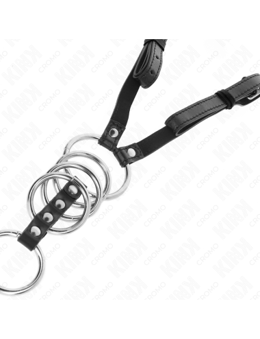 KINK - 5 PENIS RINGS 3.8 CM TO 5 CM METAL WITH LEATHER BELT 112 CM
