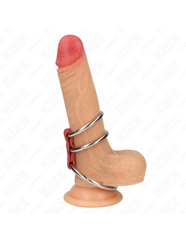 KINK - TRIPLE METAL PENIS RING 3.7 CM TO 5 CM CONNECTED WITH RED LEATHER