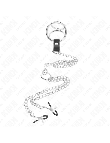 KINK - TRIPLE CHROME METAL PENIS RING 3.8 CM TO 5 CM WITH 26 CM METAL CHAIN AND NIPPLE CLAMPS MODEL 1