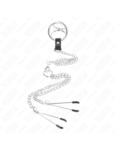 KINK - TRIPLE CHROME METAL PENIS RING 3.8 CM TO 5 CM WITH 26 CM METAL CHAIN AND NIPPLE CLAMPS MODEL 2