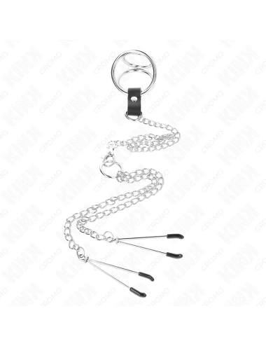 KINK - TRIPLE CHROME METAL PENIS RING 3.8 CM TO 5 CM WITH 26 CM METAL CHAIN AND NIPPLE CLAMPS MODEL 2