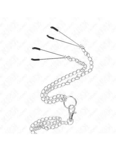 KINK - TRIPLE CHROME METAL PENIS RING 3.8 CM TO 5 CM WITH 26 CM METAL CHAIN AND NIPPLE CLAMPS MODEL 2