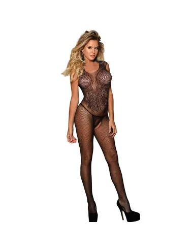 SUBBLIME - 951962 FISHNET CROTCHLESS BODYSTOCKING WITH FLOWER PRINT BLACK ONE SIZE