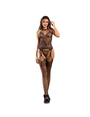 SUBBLIME - 952136 FISHNET CROTCHLESS BODYSTOCKING WITH FLORAL DETAILS AND BLACK HALTER NECK ONE SIZE