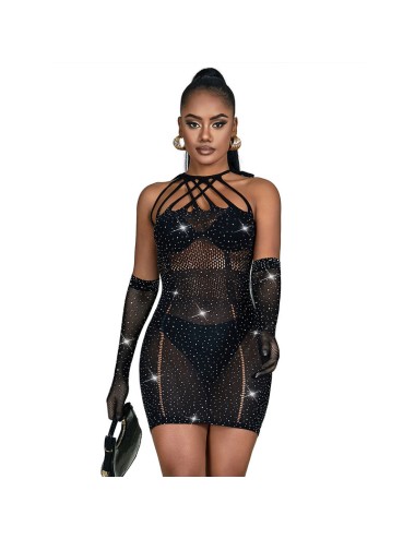 SUBBLIME - 952235 FISHNET BODYSTOCKING WITH RHINESTONES AND BLACK GLOVES ONE SIZE