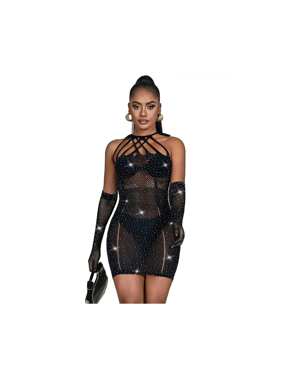 SUBBLIME - 952235 FISHNET BODYSTOCKING WITH RHINESTONES AND BLACK GLOVES ONE SIZE