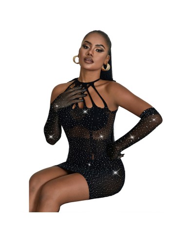 SUBBLIME - 952235 FISHNET BODYSTOCKING WITH RHINESTONES AND BLACK GLOVES ONE SIZE