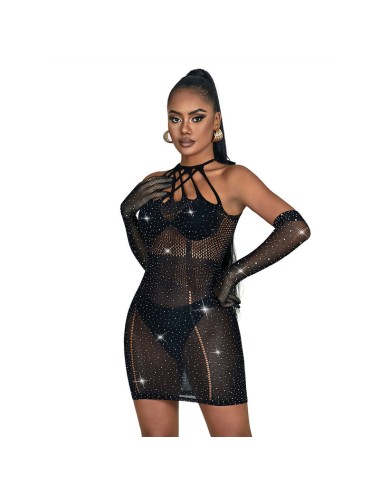 SUBBLIME - 952235 FISHNET BODYSTOCKING WITH RHINESTONES AND BLACK GLOVES ONE SIZE
