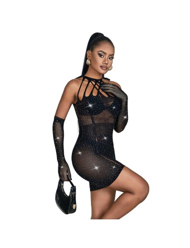 SUBBLIME - 952235 FISHNET BODYSTOCKING WITH RHINESTONES AND BLACK GLOVES ONE SIZE