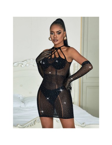 SUBBLIME - 952235 FISHNET BODYSTOCKING WITH RHINESTONES AND BLACK GLOVES ONE SIZE