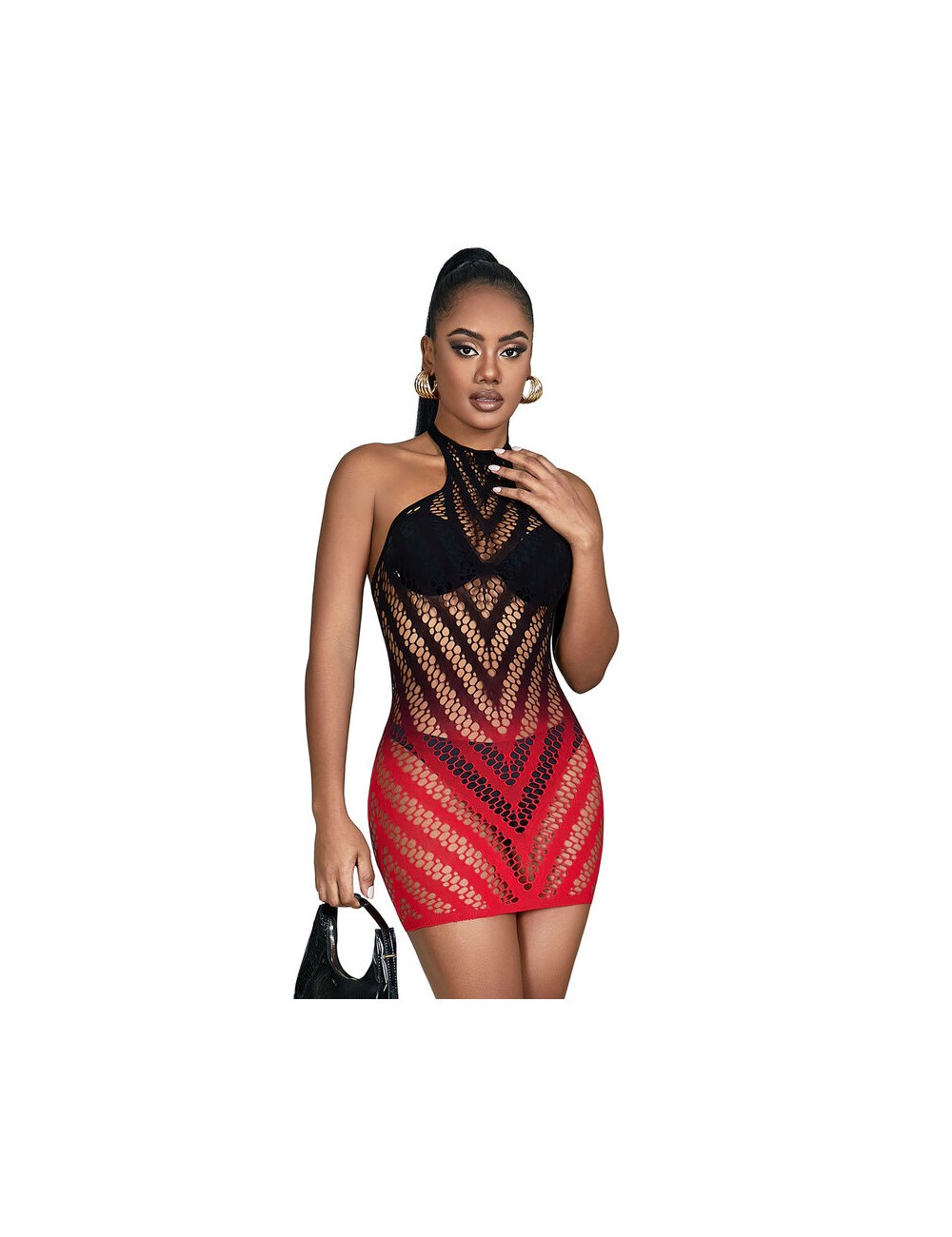 SUBBLIME - 952242 RED AND BLACK DEGRADED ELASTIC FISHNET BODYSTOCKING ONE SIZE
