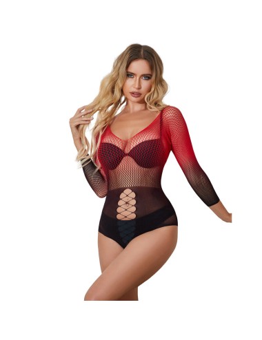 SUBBLIME - 952259 RED AND BLACK GRADIENT LONG SLEEVE ELASTIC FISHNET BODYSTOCKING ONE SIZE