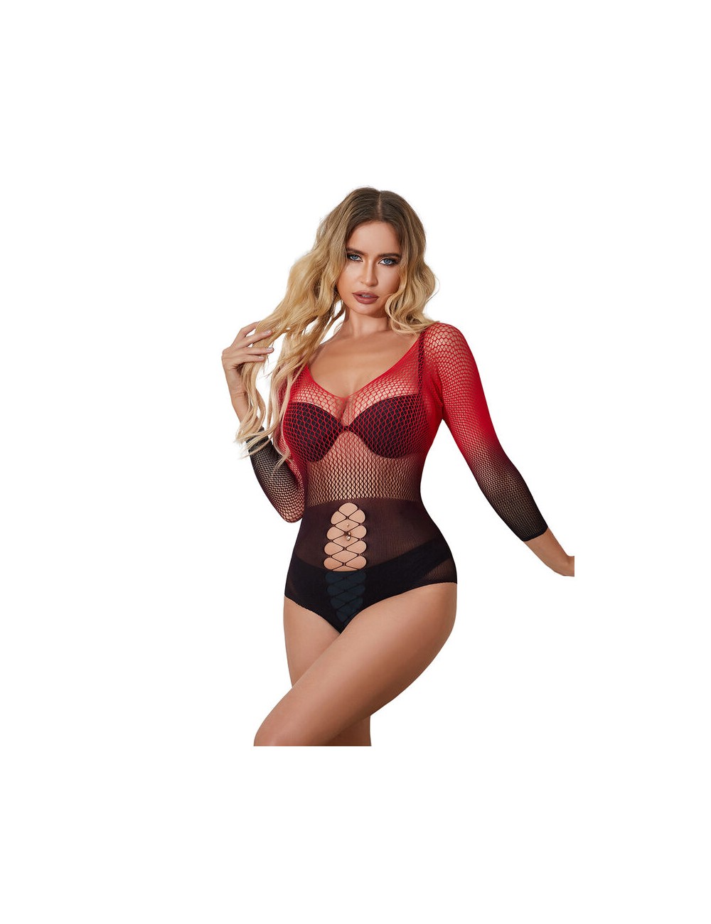 SUBBLIME - 952259 RED AND BLACK GRADIENT LONG SLEEVE ELASTIC FISHNET BODYSTOCKING ONE SIZE SUBBLIME - 952259 RED AND BLACK GRADIENT LONG SLEEVE ELASTIC FISHNET BODYSTOCKING ONE SIZE