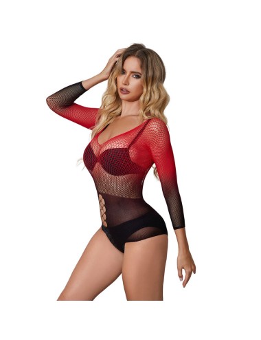 SUBBLIME - 952259 RED AND BLACK GRADIENT LONG SLEEVE ELASTIC FISHNET BODYSTOCKING ONE SIZE