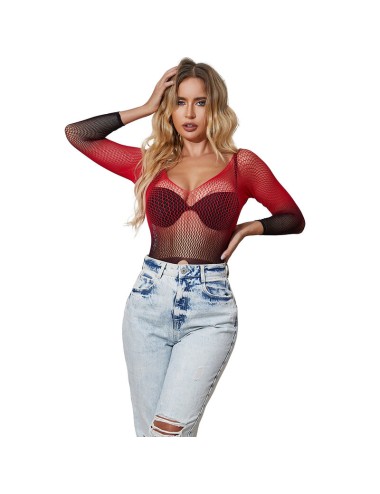 SUBBLIME - 952259 RED AND BLACK GRADIENT LONG SLEEVE ELASTIC FISHNET BODYSTOCKING ONE SIZE