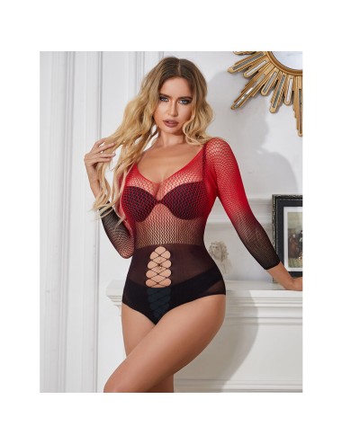 SUBBLIME - 952259 RED AND BLACK GRADIENT LONG SLEEVE ELASTIC FISHNET BODYSTOCKING ONE SIZE