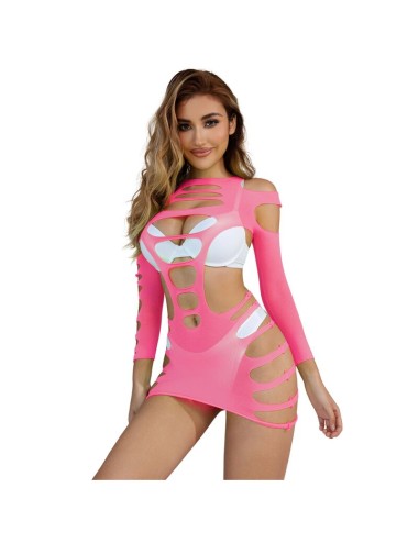 SUBBLIME - 952273 LONG SLEEVE ELASTIC FISHNET BODYSTOCKING PINK ONE SIZE