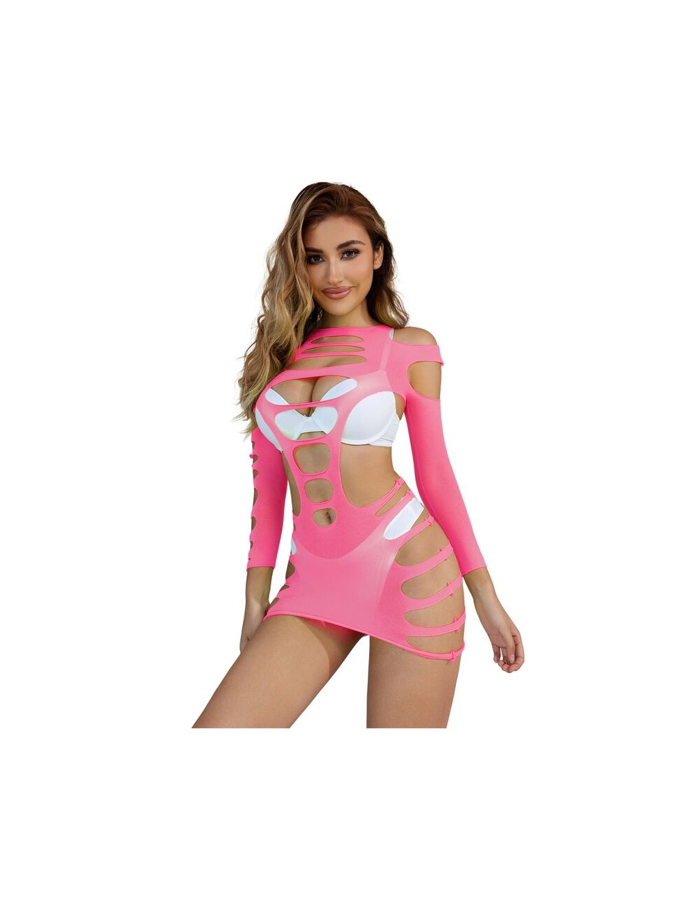 SUBBLIME - 952273 LONG SLEEVE ELASTIC FISHNET BODYSTOCKING PINK ONE SIZE SUBBLIME - 952273 LONG SLEEVE ELASTIC FISHNET BODYSTOCKING PINK ONE SIZE
