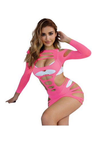 SUBBLIME - 952273 LONG SLEEVE ELASTIC FISHNET BODYSTOCKING PINK ONE SIZE