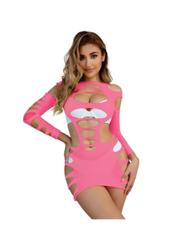 SUBBLIME - 952273 LONG SLEEVE ELASTIC FISHNET BODYSTOCKING PINK ONE SIZE