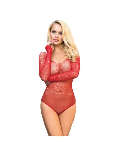 SUBBLIME - 952303 SHINY GRILL BODYSTOCKING WITH OFF SHOULDERS LONG SLEEVE RED ONE SIZE