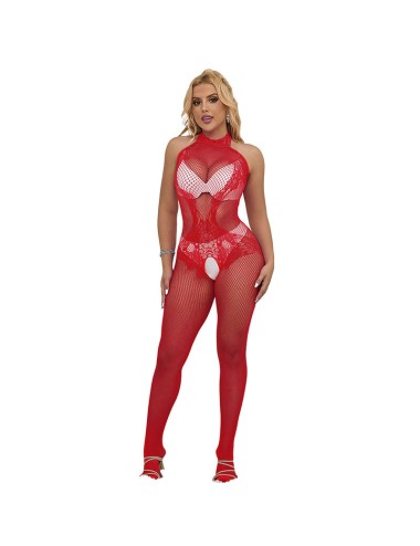 SUBBLIME - 952372 FISHNET AND LACE CROTCHLESS BODYSTOCKING WITH HIGH NECK RED ONE SIZE
