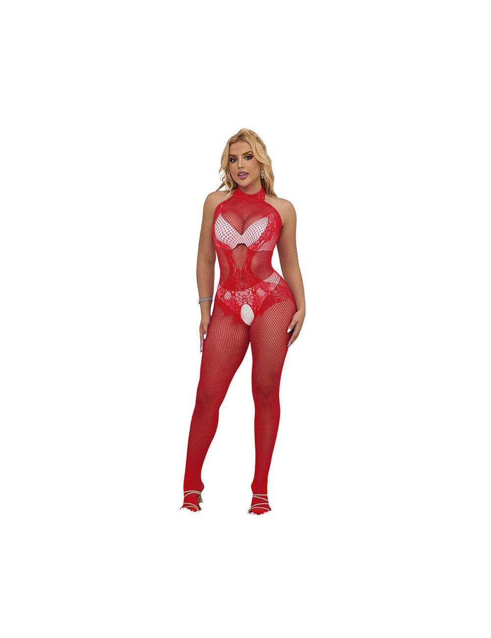 SUBBLIME - 952372 FISHNET AND LACE CROTCHLESS BODYSTOCKING WITH HIGH NECK RED ONE SIZE
