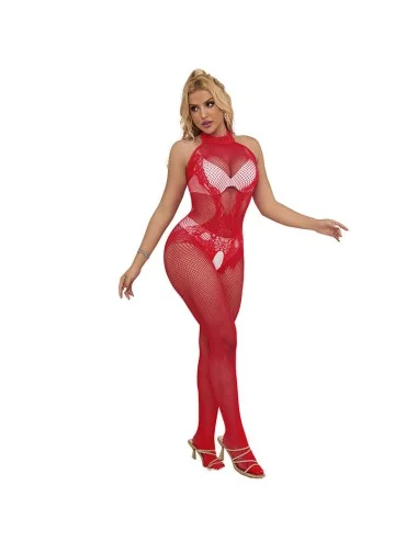 SUBBLIME - 952372 FISHNET AND LACE CROTCHLESS BODYSTOCKING WITH HIGH NECK RED ONE SIZE