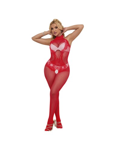 SUBBLIME - 952372 FISHNET AND LACE CROTCHLESS BODYSTOCKING WITH HIGH NECK RED ONE SIZE