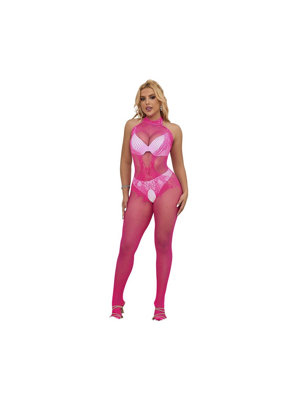 SUBBLIME - 952389 FISHNET AND LACE CROTCHLESS BODYSTOCKING WITH HIGH NECK PINK ONE SIZE
