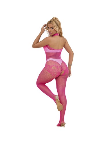 SUBBLIME - 952389 FISHNET AND LACE CROTCHLESS BODYSTOCKING WITH HIGH NECK PINK ONE SIZE
