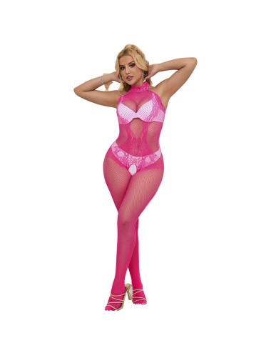 SUBBLIME - 952389 FISHNET AND LACE CROTCHLESS BODYSTOCKING WITH HIGH NECK PINK ONE SIZE