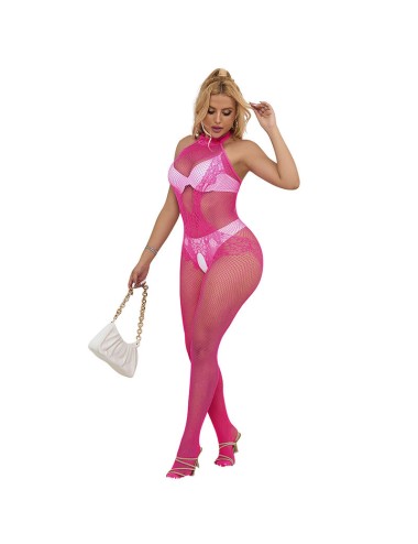 SUBBLIME - 952389 FISHNET AND LACE CROTCHLESS BODYSTOCKING WITH HIGH NECK PINK ONE SIZE