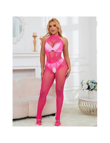 SUBBLIME - 952389 FISHNET AND LACE CROTCHLESS BODYSTOCKING WITH HIGH NECK PINK ONE SIZE