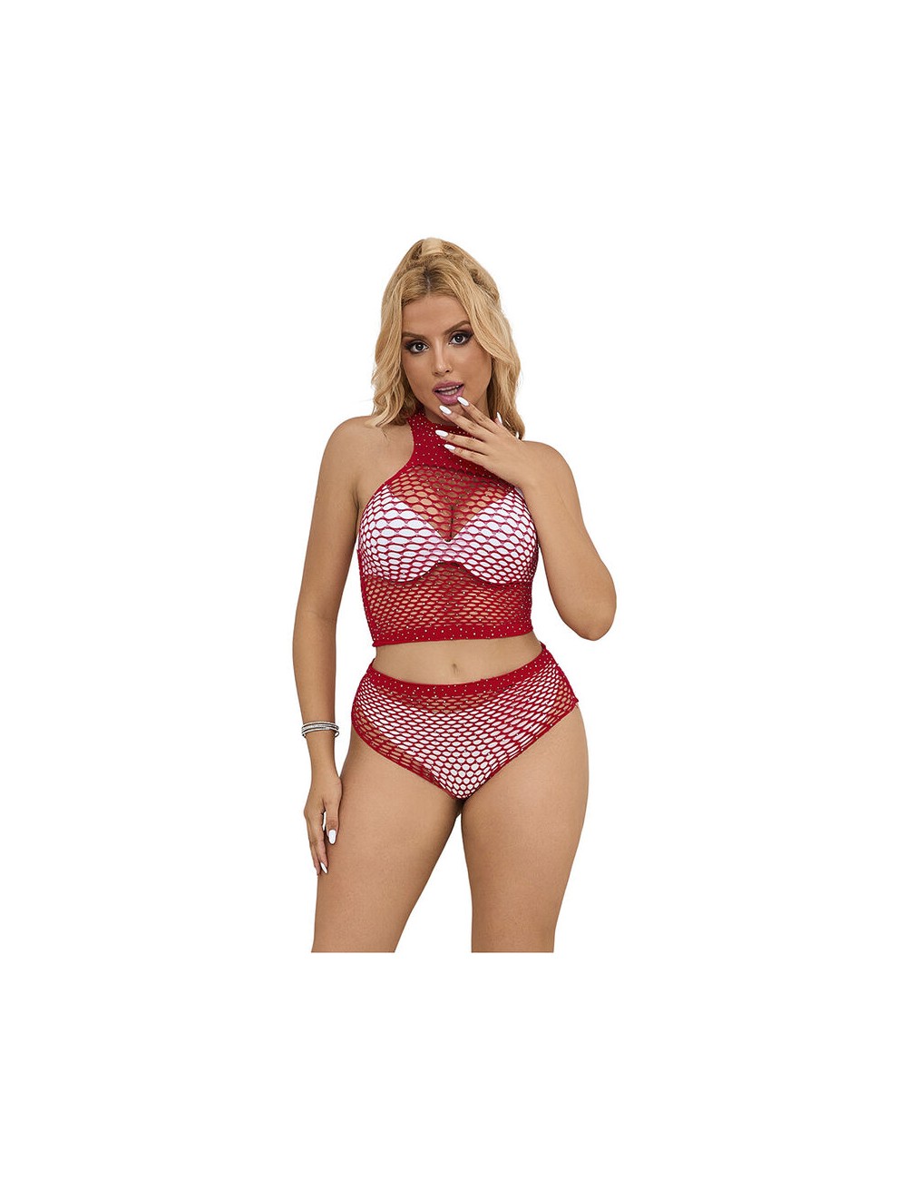 SUBBLIME - 952402 BODYSTOCKING FISHNET SET WITH PINK DIAMONDS ONE SIZE